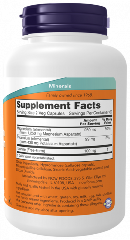 NOW Magnesium &amp; Potassium Aspartate, Аспартат Магния и Калия, 120 капсул